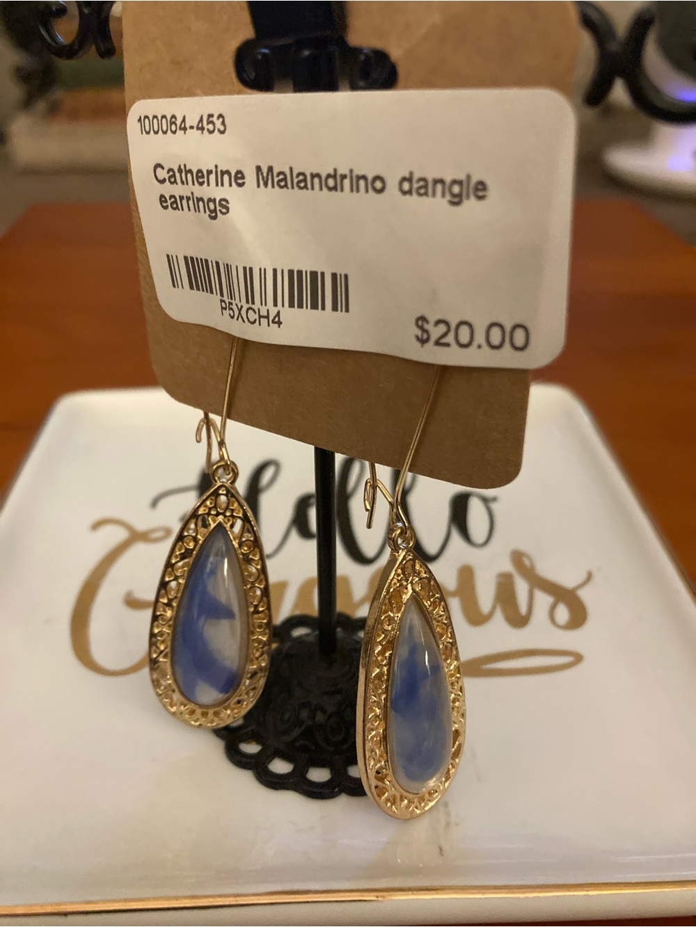 Catherine Malandrino Gold Teardrop Dangle Earrings with Blue Cabochon